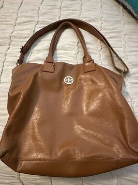 Tory Burch Cognac Leather Tote with Logo Medallion